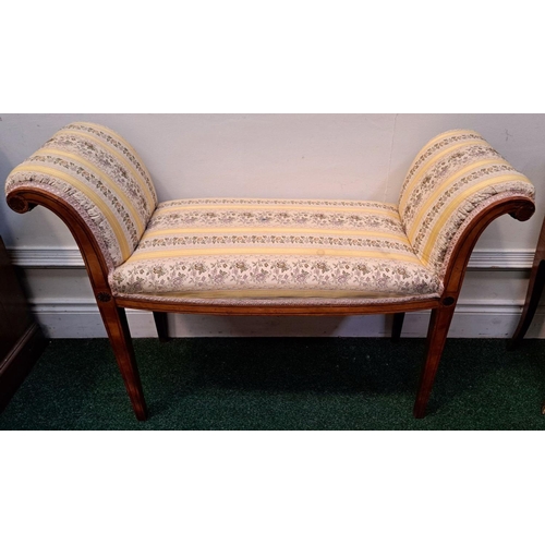 88 - A PAIR OF GEORGE III INLAID AND UPHOLSTERED BENCHES ribboned and floral upholstery with minor wear; ... 