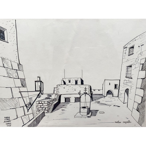 89 - MARTIN REYNOLDS (Irish, 20th Century), 'MOORISH CITADEL, ALICANTE, SPAIN', ink on paper, signed lowe... 