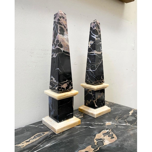 9 - AN EXCELLENT PAIR OF MID 20TH CENTURY MARBLE OBELISKS, body with tapered form, in black Portoro ripp... 