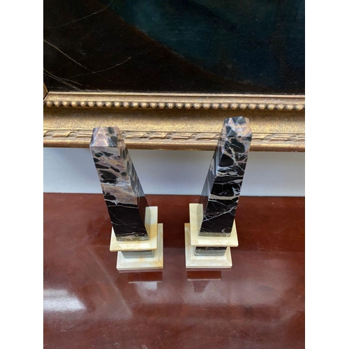 9 - AN EXCELLENT PAIR OF MID 20TH CENTURY MARBLE OBELISKS, body with tapered form, in black Portoro ripp... 