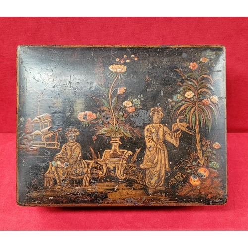 104 - A JAPANESE LAQUERED WRITING BOX, the wooden box is lacquered and decorated with depiction of three f... 