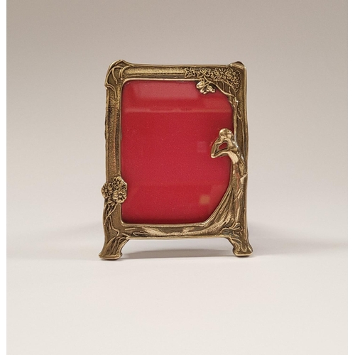 107 - A LOVELY ART NOUVEAU STYLE BRASS MINATURE PICTURE FRAME, with female figure to the right & floral de... 