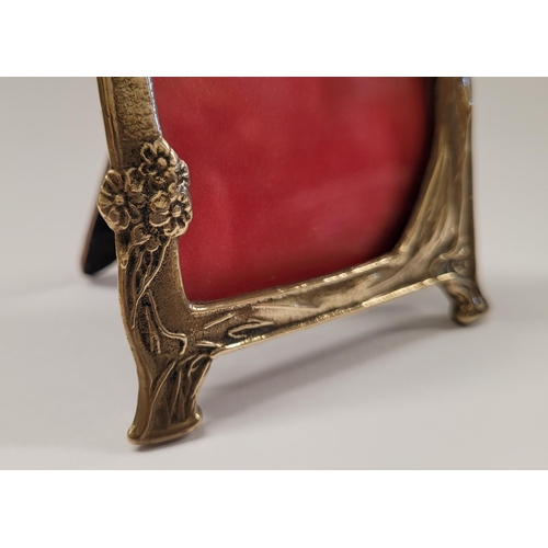 107 - A LOVELY ART NOUVEAU STYLE BRASS MINATURE PICTURE FRAME, with female figure to the right & floral de... 