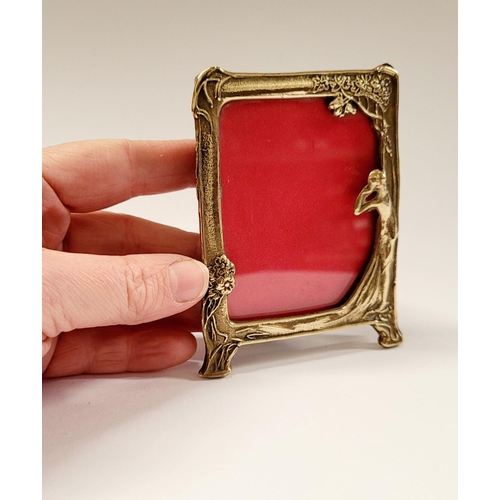 107 - A LOVELY ART NOUVEAU STYLE BRASS MINATURE PICTURE FRAME, with female figure to the right & floral de... 