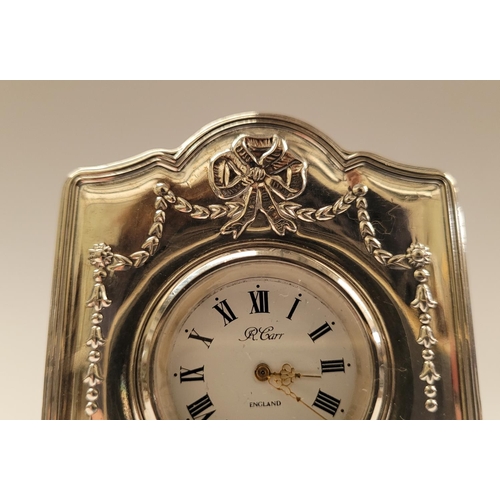 108 - A VERY GOOD QUALITY LATE 20TH CENTURY SILVER FRONTED MANTLE CLOCK, with lovely floral bough decorati... 