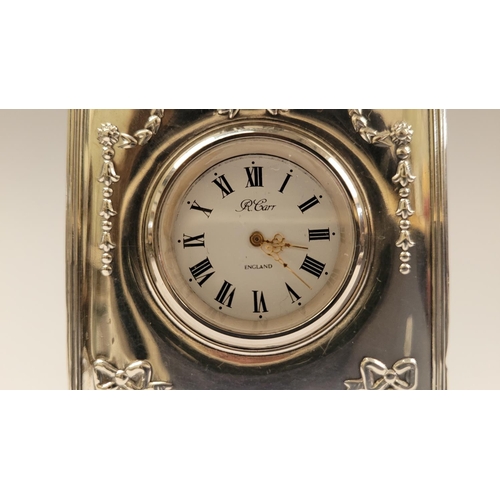 108 - A VERY GOOD QUALITY LATE 20TH CENTURY SILVER FRONTED MANTLE CLOCK, with lovely floral bough decorati... 