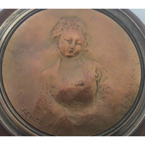 109 - A 19TH CENTURY BRONZE PLAQUE MOUNTED IN MAHOGANY, the plaque with the image of a woman, and signed A... 