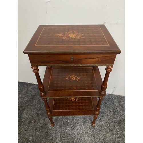 11 - A VERY GOOD QUALITY LATE 19TH / EARLY 20TH CENTURY ROSEWOOD THREE TIER STAND, with beautiful floral ... 