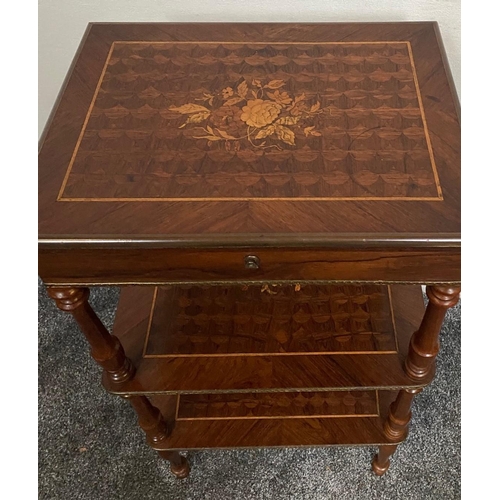 11 - A VERY GOOD QUALITY LATE 19TH / EARLY 20TH CENTURY ROSEWOOD THREE TIER STAND, with beautiful floral ... 