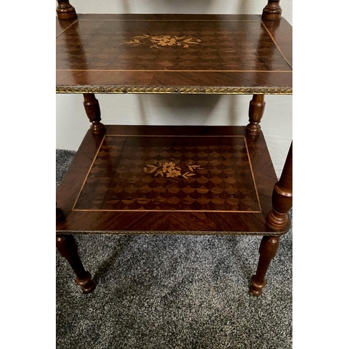 11 - A VERY GOOD QUALITY LATE 19TH / EARLY 20TH CENTURY ROSEWOOD THREE TIER STAND, with beautiful floral ... 