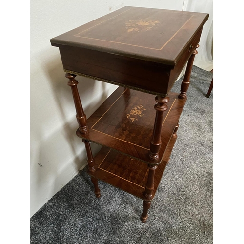 11 - A VERY GOOD QUALITY LATE 19TH / EARLY 20TH CENTURY ROSEWOOD THREE TIER STAND, with beautiful floral ... 