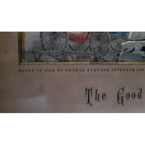 114 - A FRAMED 19TH 'STEVENGRAPH' SILK EMBROIDED PICTURE, 'THE GOOD DAYS', title printed in script to the ... 