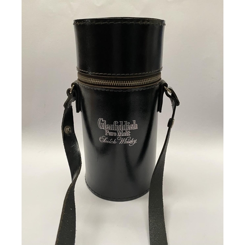 125 - A FINE LEATHER GLENFIDDICH PURE MALT SCOTCH WHISKEY TRIPLE FLASK HUNTING SET, cylindrical black leat... 