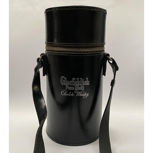 125 - A FINE LEATHER GLENFIDDICH PURE MALT SCOTCH WHISKEY TRIPLE FLASK HUNTING SET, cylindrical black leat... 