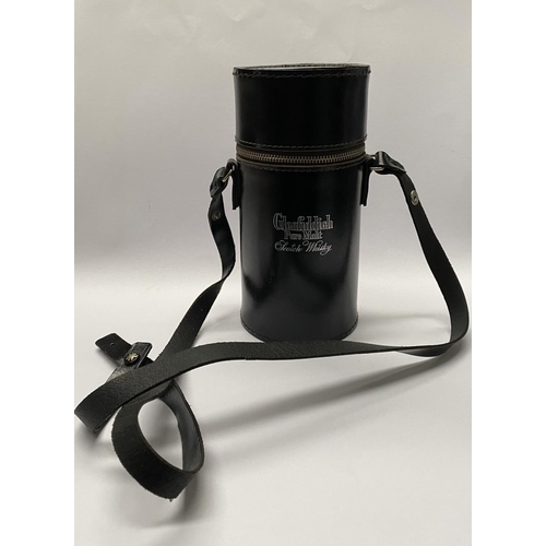 125 - A FINE LEATHER GLENFIDDICH PURE MALT SCOTCH WHISKEY TRIPLE FLASK HUNTING SET, cylindrical black leat... 