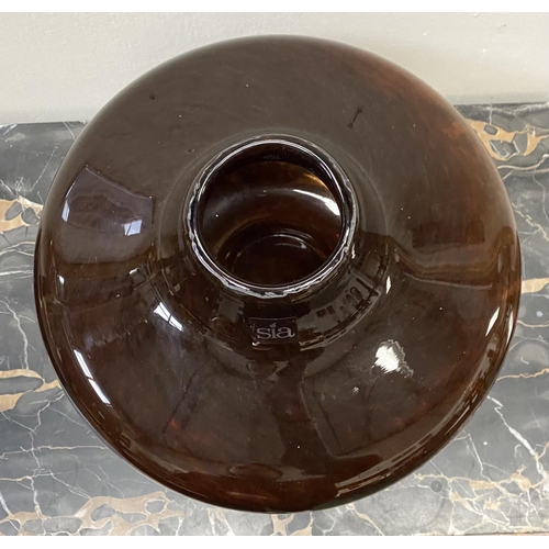 126 - A LARGE VINTAGE SIA SMOKE GLASS VASE, labelled to front and base, dimensions: 19cm high x 30cm diame... 