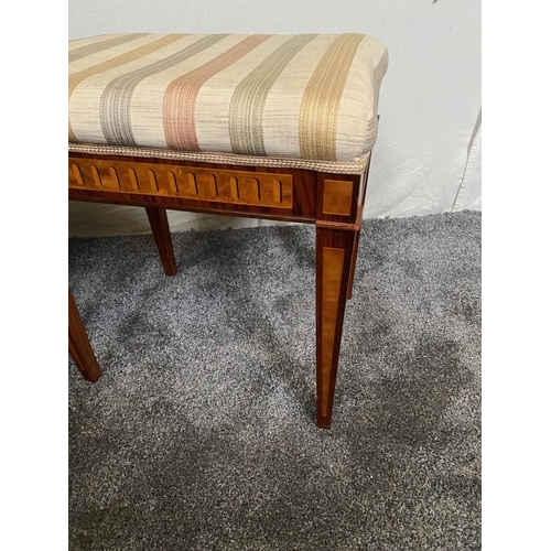 13 - A VERY FINE PAIR OF ROSEWOOD & SATINWOOD INLAID STOOLS, each with a stuffed over upholstered seat, t... 