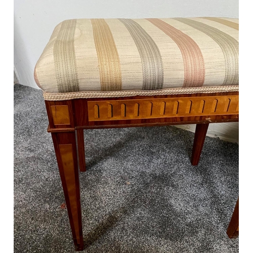 13 - A VERY FINE PAIR OF ROSEWOOD & SATINWOOD INLAID STOOLS, each with a stuffed over upholstered seat, t... 