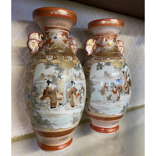 131 - A PAIR OF EXCELLENT ANTIQUE JAPANESE SATSUMA VASES, ovoid form with applier floral handles. Decorate... 