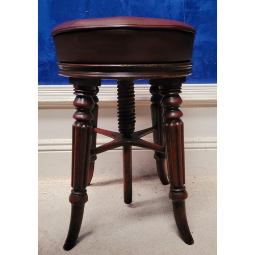 133 - A LATE 19TH CENTURY PIANO / DRESSING STOOL, raised on four turned and broad reeded legs, with splaye... 