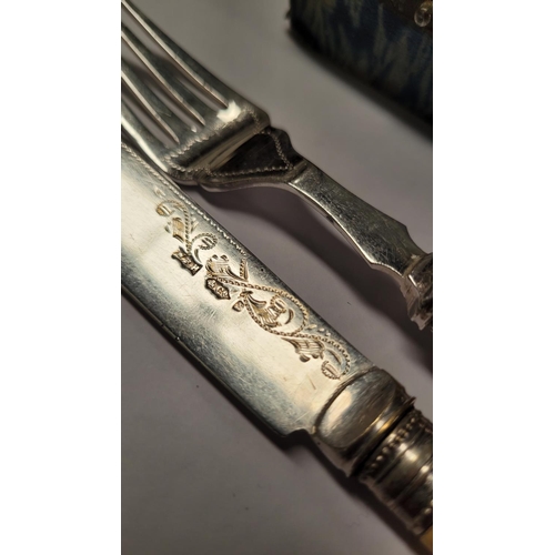 139 - A FINE CASED SET OF FISH KNIVES & FORKS, with maker’s mark to the bright cut decorated knives; WRH &... 