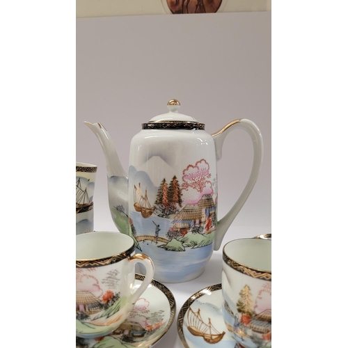 140 - A VINTAGE SOKA CHINA COFFEE SET, comprising of 6 cups, 6 saucers, a coffee pot, sugar bowl & cream j... 