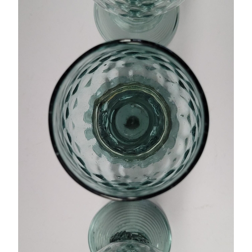 144 - THREE RARE EXCELLENT CONDITION DUTCH / GERMAN GREEN ROEMER GLASSES, possibly dating to the 18th or 1... 