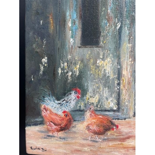 147 - KATIE BUTTIMER (Irish, 20th Century), ‘A FEW CHICKS’, oil on canvas, signed lower left, dimensions: ... 