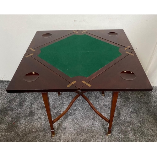 153 - AN EDWARDIAN INLAID FOLDING OUT ENVELOPE CARD / GAMES TABLE, the top is divided into four triangular... 