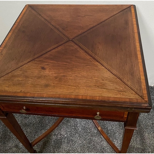 153 - AN EDWARDIAN INLAID FOLDING OUT ENVELOPE CARD / GAMES TABLE, the top is divided into four triangular... 