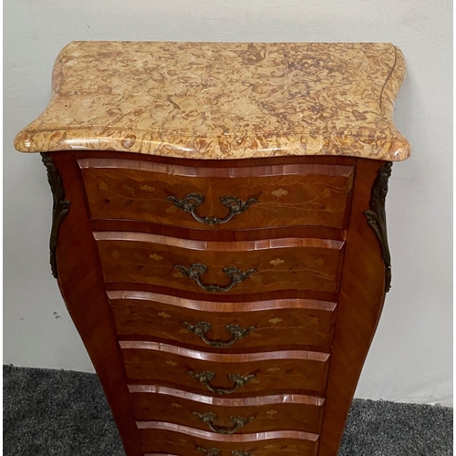 156 - A VERY GOOD QUALITY FRENCH MARBLE TOPPED KINGWOOD VENEERED MARQUETRY INLAID TALL BOY, with 7 drawers... 