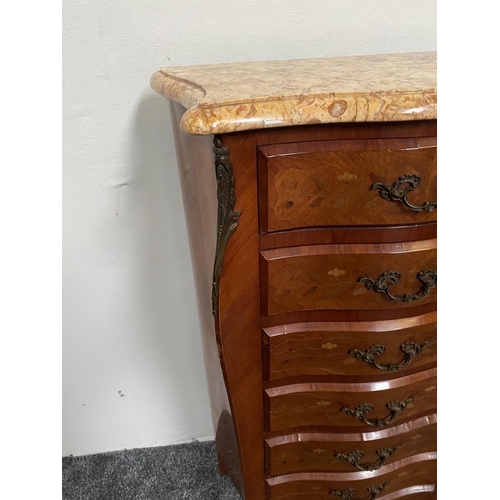 156 - A VERY GOOD QUALITY FRENCH MARBLE TOPPED KINGWOOD VENEERED MARQUETRY INLAID TALL BOY, with 7 drawers... 