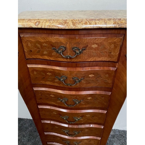 156 - A VERY GOOD QUALITY FRENCH MARBLE TOPPED KINGWOOD VENEERED MARQUETRY INLAID TALL BOY, with 7 drawers... 