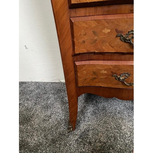 156 - A VERY GOOD QUALITY FRENCH MARBLE TOPPED KINGWOOD VENEERED MARQUETRY INLAID TALL BOY, with 7 drawers... 