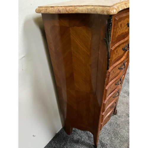 156 - A VERY GOOD QUALITY FRENCH MARBLE TOPPED KINGWOOD VENEERED MARQUETRY INLAID TALL BOY, with 7 drawers... 