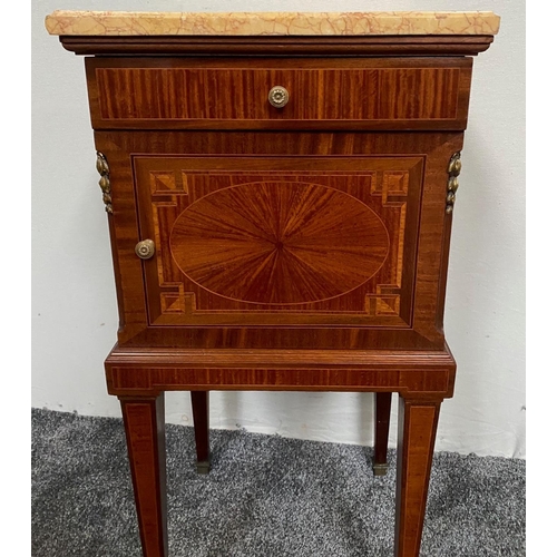 157 - A VERY GOOD QUALITY MIXED WOOD MARBLE TOPPED CABINET with a single drawer over a cabinet; the door d... 