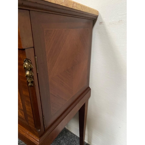 157 - A VERY GOOD QUALITY MIXED WOOD MARBLE TOPPED CABINET with a single drawer over a cabinet; the door d... 