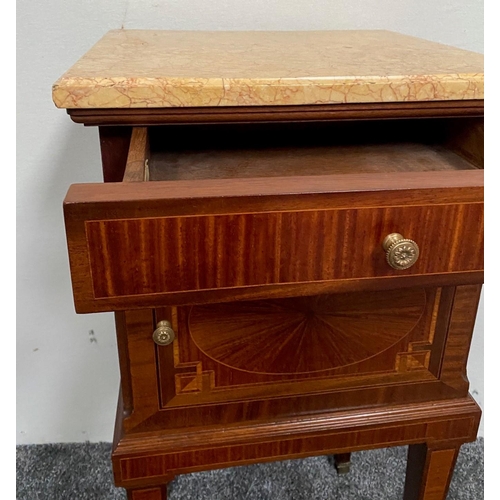 157 - A VERY GOOD QUALITY MIXED WOOD MARBLE TOPPED CABINET with a single drawer over a cabinet; the door d... 