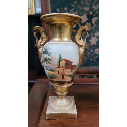 158 - A SET OF THREE 19TH CENTURY FRENCH SEVRES STYLE EMPIRE MANTLE VASES, each with landscape & figural s... 