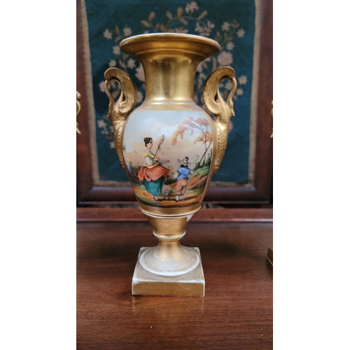 158 - A SET OF THREE 19TH CENTURY FRENCH SEVRES STYLE EMPIRE MANTLE VASES, each with landscape & figural s... 