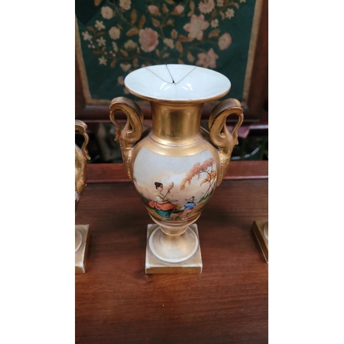 158 - A SET OF THREE 19TH CENTURY FRENCH SEVRES STYLE EMPIRE MANTLE VASES, each with landscape & figural s... 