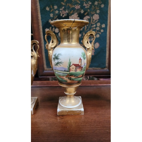 158 - A SET OF THREE 19TH CENTURY FRENCH SEVRES STYLE EMPIRE MANTLE VASES, each with landscape & figural s... 