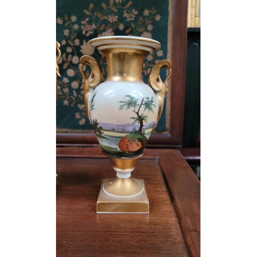 158 - A SET OF THREE 19TH CENTURY FRENCH SEVRES STYLE EMPIRE MANTLE VASES, each with landscape & figural s... 