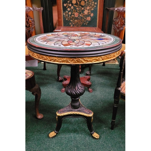 16 - A MARBLE SPECIMEN TOPPED CENTRE TABLE, with circular top, the marble specimen top is laid into a woo... 