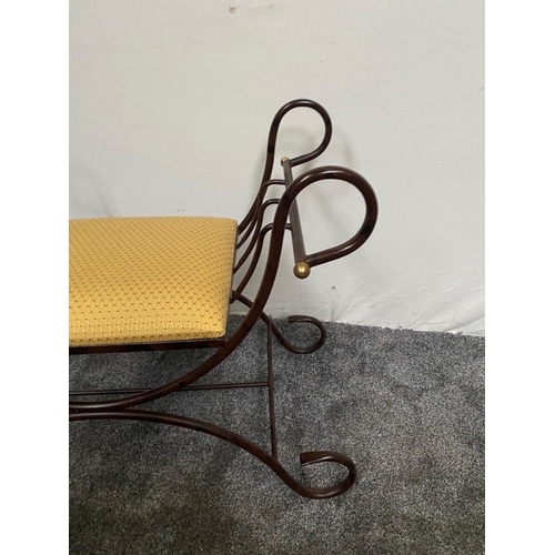 164 - A GOOD QUALITY METAL & BRASS SCROLLING ‘X’ FRAME WINDOW CHAIR, with a padded upholstered seat to the... 