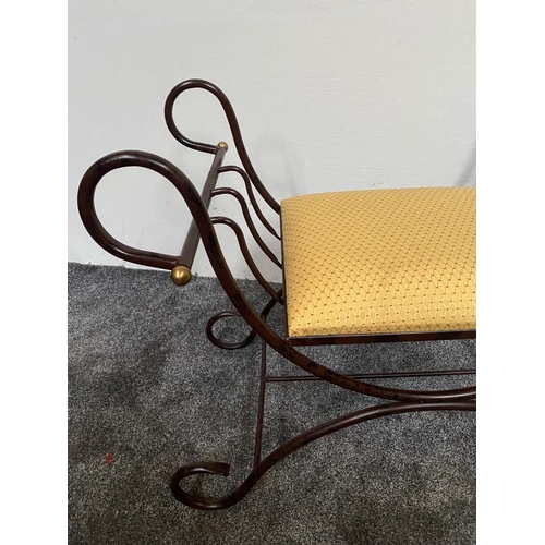 164 - A GOOD QUALITY METAL & BRASS SCROLLING ‘X’ FRAME WINDOW CHAIR, with a padded upholstered seat to the... 