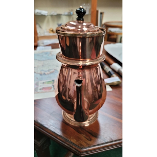 168 - A LOVELY VINTAGE POLISHED COPPER TEA/COFFEE POT, with removable strainer section. Nice detail to the... 