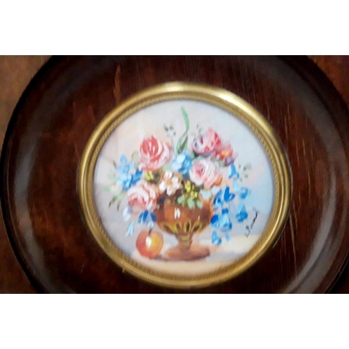 171 - A FRAMED FLORAL STILL LIFE MINIATURE PAINTING, signed lower right. Dimensions: 12.5cm square.