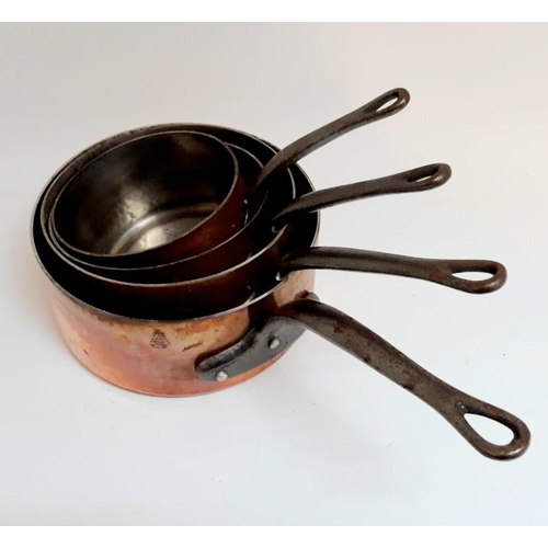 179 - A SET OF FOUR VINTAGE HEAVY GAUGE COPPER SAUCEPANS, of graduated size, 19.5cm -12.5cm diameter.