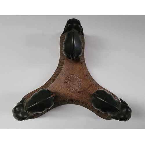 181 - A 19TH CENTURY CARVED ELEPHANT PLATE / BOWL STAND, COMPRISING OF THREE HANDCARVED EBONISED WOODEN EL... 